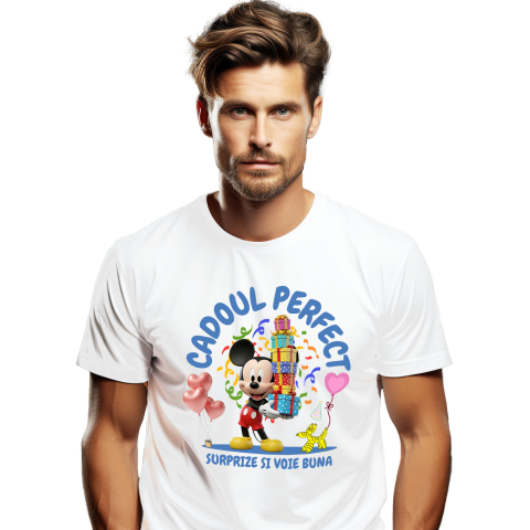 Aniversare - Tricou Barbati cu Cadou Mickey Mouse - Inimioara Plina de Magie 100% Bumbac, Alb, M