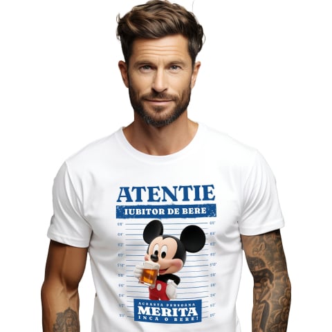 Desene Animate - Tricou Barbati cu Cadou Mickey Mouse si Bere Racoritoare 100% Bumbac, Alb, XL