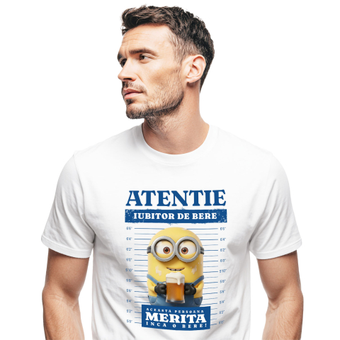 Tricouri - Tricou Barbati cu Cadou Minions si Bere – Zâmbete și Aventuri în Pachet 100% Bumbac, Alb, L