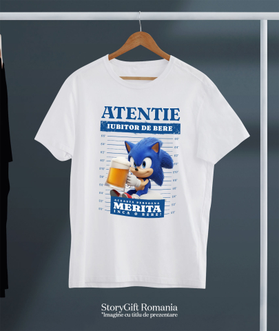 Tricou Barbati cu Cadou Sonic si Bere – Super Rapid si Distractiv 100% Bumbac, Alb, S [2]