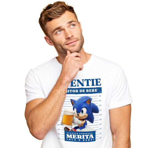 Desene Animate - Tricou Barbati cu Cadou Sonic si Bere – Super Rapid si Distractiv 100% Bumbac, Alb, S