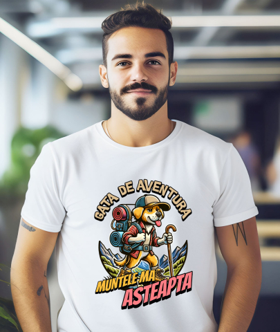 Tricou Femei, Barbati, Copii, Fata, Baiat, Unisex Personalizat „Câine de Aventură pe Munte cu Rucsac – Cadou Personalizat pentru Iubitorii de Natură” [1]