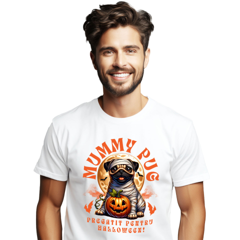 Halloween - Tricou Femei, Barbati, Copii, Fata, Baiat, Unisex Personalizat Câine Pug Mumie Înfășurat și Dovleac Halloween | Cadouri Personalizate pentru Iubitorii de Câini și Familie
