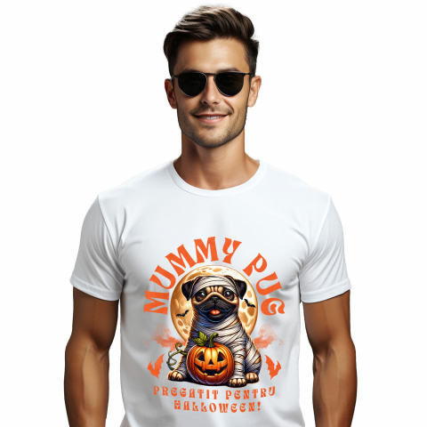 HALLOWEEN - Tricou Femei, Barbati, Copii, Fata, Baiat, Unisex Personalizat Câine Pug Mumie Înfășurat și Dovleac Halloween | Cadouri Personalizate pentru Iubitorii de Câini și Familie