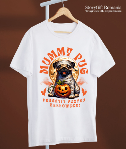 Tricou Femei, Barbati, Copii, Fata, Baiat, Unisex Personalizat Câine Pug Mumie Înfășurat și Dovleac Halloween | Cadouri Personalizate pentru Iubitorii de Câini și Familie [2]