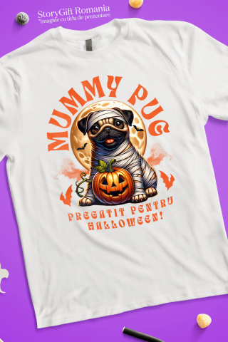 Tricou Femei, Barbati, Copii, Fata, Baiat, Unisex Personalizat Câine Pug Mumie Înfășurat și Dovleac Halloween | Cadouri Personalizate pentru Iubitorii de Câini și Familie [2]