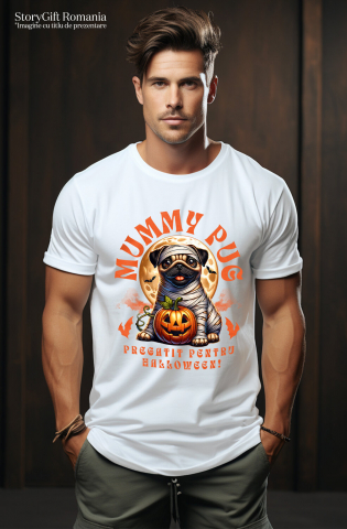 Tricou Femei, Barbati, Copii, Fata, Baiat, Unisex Personalizat Câine Pug Mumie Înfășurat și Dovleac Halloween | Cadouri Personalizate pentru Iubitorii de Câini și Familie [1]
