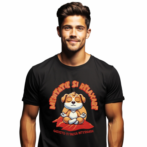 CAINE - Tricou Femei, Barbati, Copii, Fata, Baiat, Unisex Personalizat Câine Relaxat în Yoga – Meditație și Relaxare | Tricou Personalizat