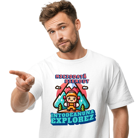 Calatorie - Tricou Femei, Barbati, Copii, Fata, Baiat, Unisex Personalizat "Cadou Personalizat ‘Niciodată Pierdut, Întotdeauna Explorez’ – Mesaj Motivațional pentru Iubitorii de Drumeție și Munte"