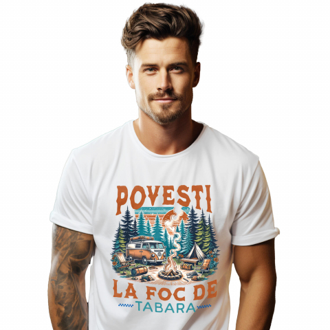 Tricou Femei, Barbati, Copii, Fata, Baiat, Unisex Personalizat "Camping în Natură cu Rulotă – Aventură în Familie și Povești la Foc de Tabără"