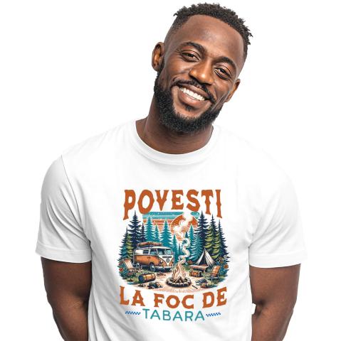 Tricou Femei, Barbati, Copii, Fata, Baiat, Unisex Personalizat "Camping în Natură cu Rulotă – Aventură în Familie și Povești la Foc de Tabără"