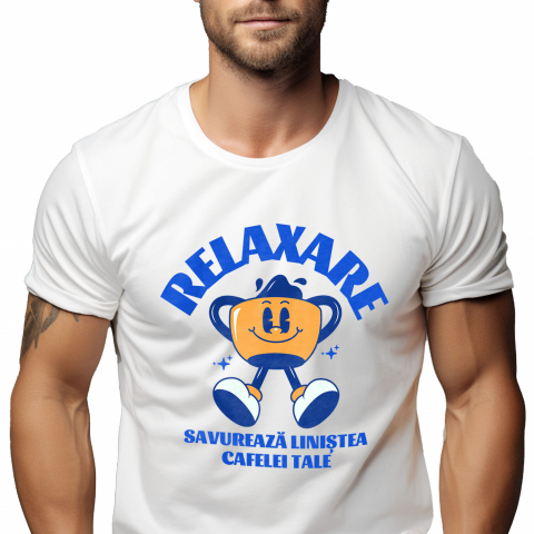 Tricou Femei, Barbati, Copii, Fata, Baiat, Unisex Personalizat „Cană de Cafea Veselă – Savurează Liniștea Cafelei Tale în Momente de Relaxare”