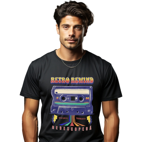 Barbati - Marimea L - Tricou Barbati cu Caseta Audio Colorata 1980 Disco Vintige cu imprimeu pe Fata, 100% Bumbac, Negru, L