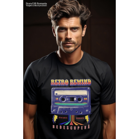 Tricou Barbati cu Caseta Audio Colorata 1980 Disco Vintige cu imprimeu pe Fata, 100% Bumbac, Negru, L [1]