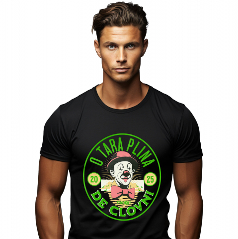 Tricou Femei, Barbati, Copii, Fata, Baiat, Unisex Personalizat Cerc Stil Monedă cu Clovn cu Papion și Pălărie Roșie - Cadou Amuzant Personalizat „O Țară Plină de Clovni”