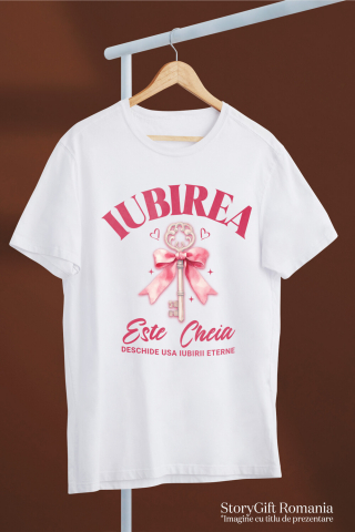 Tricou Femei, Barbati, Copii, Fata, Baiat, Unisex Personalizat Cheie de Argint cu Funda Roz și Mesaj „Iubirea este cheia iubirii eterne” – Cadou Personalizat [2]