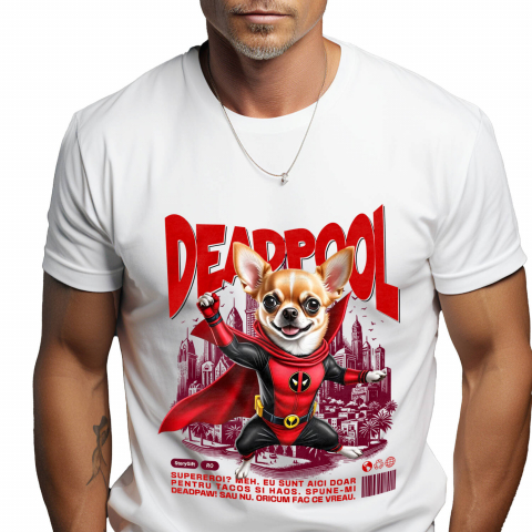 Supereroi - Tricou Femei, Barbati, Copii, Fata, Baiat, Unisex Personalizat Chihuahua în Costum Deadpool – Câine Supererou Adorabil și Personalizat