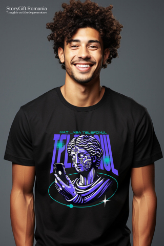 Tricou Femei, Barbati, Copii, Fata, Baiat, Unisex Personalizat Chip Uman Statuie Grecească cu Telefon și Robot - „Haios, Mai Lasa Telefonul” - Cadou Personalizat [1]