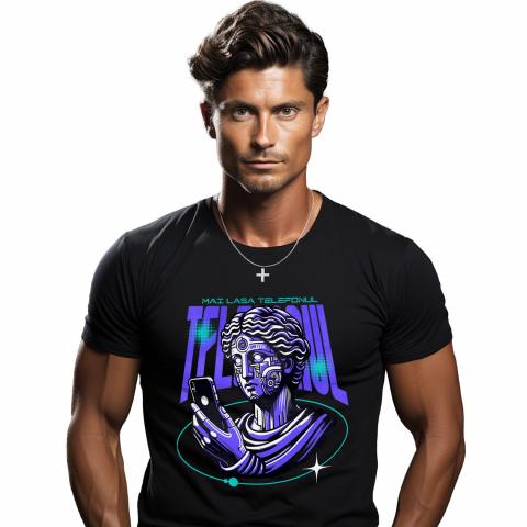 Tricou Femei, Barbati, Copii, Fata, Baiat, Unisex Personalizat Chip Uman Statuie Grecească cu Telefon și Robot - „Haios, Mai Lasa Telefonul” - Cadou Personalizat