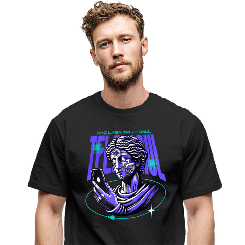 Mixed - Tricou Femei, Barbati, Copii, Fata, Baiat, Unisex Personalizat Chip Uman Statuie Grecească cu Telefon și Robot - „Haios, Mai Lasa Telefonul” - Cadou Personalizat