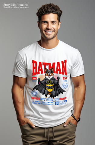 Tricou Femei, Barbati, Copii, Fata, Baiat, Unisex Personalizat Ciobănesc Australian în Costum de Batman – Câine Supererou pentru Copii și Iubitorii de Animale [1]