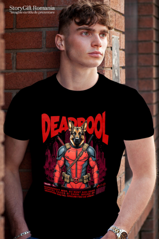 Tricou Femei, Barbati, Copii, Fata, Baiat, Unisex Personalizat Ciobănesc German în Costum Deadpool - Cadou Personalizat pentru Copii și Familie [1]