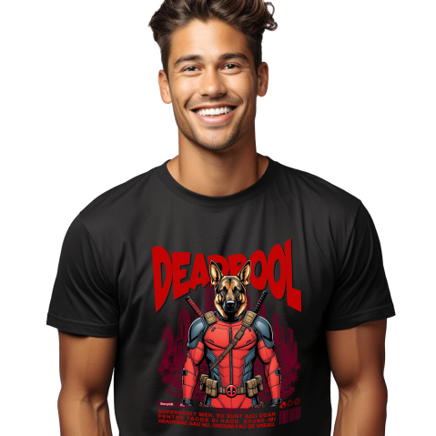 SuperEroi si Personaje TV - Tricou Femei, Barbati, Copii, Fata, Baiat, Unisex Personalizat Ciobănesc German în Costum Deadpool - Cadou Personalizat pentru Copii și Familie