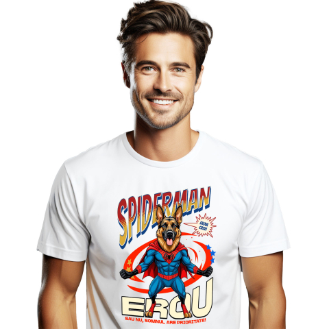 SuperEroi si Personaje TV - Tricou Femei, Barbati, Copii, Fata, Baiat, Unisex Personalizat Ciobănesc German în Costum Spider-Man cu Pelerină - Cadou Personalizat pentru Iubitorii de Câini și Copii