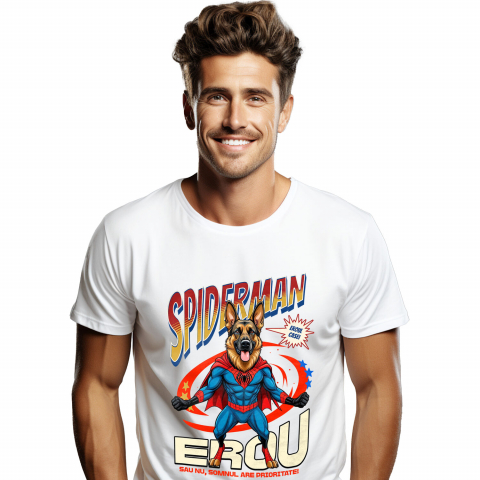 Tricou Femei, Barbati, Copii, Fata, Baiat, Unisex Personalizat Ciobănesc German în Costum Spider-Man cu Pelerină - Cadou Personalizat pentru Iubitorii de Câini și Copii
