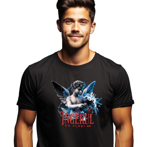 Tricou Femei, Barbati, Copii, Fata, Baiat, Unisex Personalizat Statuie Copil Înger Cu Flori – Cadou Personalizat Aripi Buchet De Flori