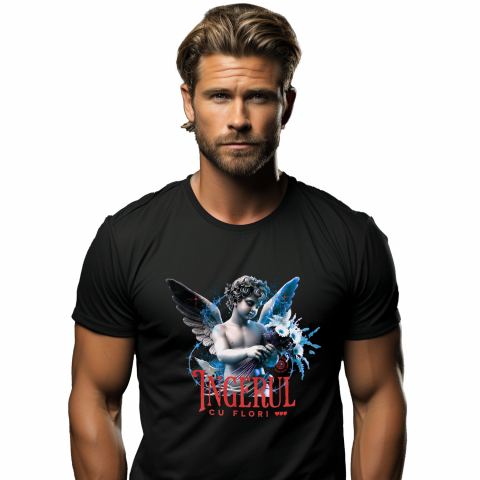 INGERI - Tricou Femei, Barbati, Copii, Fata, Baiat, Unisex Personalizat Statuie Copil Înger Cu Flori – Cadou Personalizat Aripi Buchet De Flori