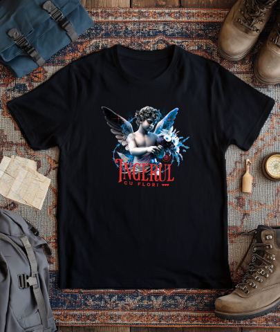 Tricou Femei, Barbati, Copii, Fata, Baiat, Unisex Personalizat Statuie Copil Înger Cu Flori – Cadou Personalizat Aripi Buchet De Flori [2]