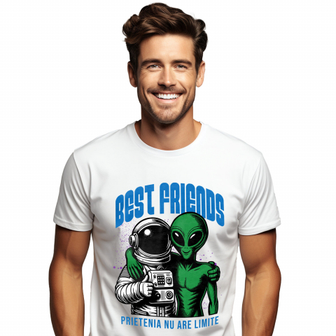 PRIETENI - Tricou Femei, Barbati, Copii, Fata, Baiat, Unisex Personalizat "Costum Astronaut Extraterestru Verde - Cei Mai Buni Prieteni Fără Limite în Galaxie"