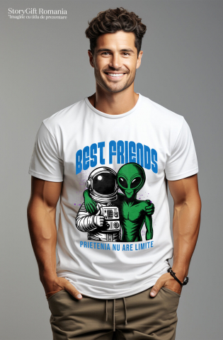 Tricou Femei, Barbati, Copii, Fata, Baiat, Unisex Personalizat "Costum Astronaut Extraterestru Verde - Cei Mai Buni Prieteni Fără Limite în Galaxie" [1]