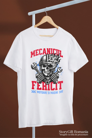 Tricou Femei, Barbati, Copii, Fata, Baiat, Unisex Personalizat Craniu cu Cască și Flăcări – Mecanicul Fericit, Pasiune pentru Motociclete [2]