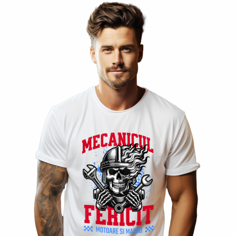 Tricou Femei, Barbati, Copii, Fata, Baiat, Unisex Personalizat Craniu cu Cască și Flăcări – Mecanicul Fericit, Pasiune pentru Motociclete