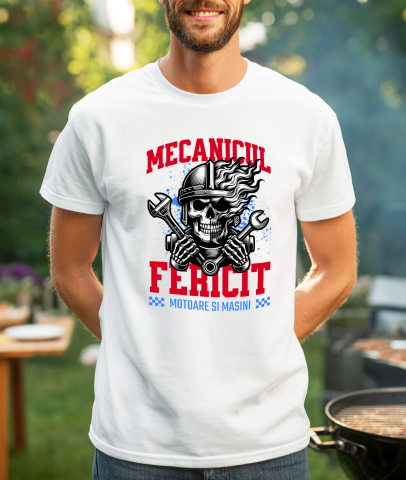 Tricou Femei, Barbati, Copii, Fata, Baiat, Unisex Personalizat Craniu cu Cască și Flăcări – Mecanicul Fericit, Pasiune pentru Motociclete [1]