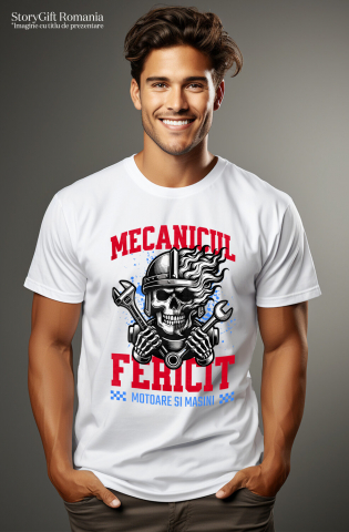 Tricou Femei, Barbati, Copii, Fata, Baiat, Unisex Personalizat Craniu cu Cască și Flăcări – Mecanicul Fericit, Pasiune pentru Motociclete [1]