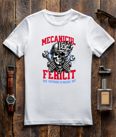 Tricou Femei, Barbati, Copii, Fata, Baiat, Unisex Personalizat Craniu cu Cască și Flăcări – Mecanicul Fericit, Pasiune pentru Motociclete [2]