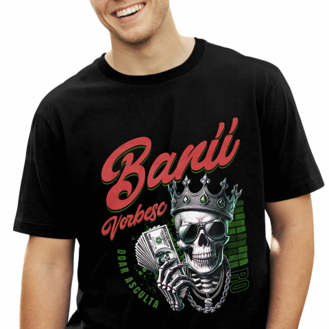 Tricou Femei, Barbati, Copii, Fata, Baiat, Unisex Personalizat Craniu cu Coroană și Dolari – Design Badass Personalizat pentru Cadouri