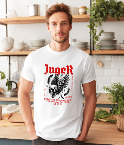 Tricou Femei, Barbati, Copii, Fata, Baiat, Unisex Personalizat Craniu Uman cu Aripi Negre și Text „Înger de Fiere - Data Cazi Te Ridici Mai Puternic” - Cadou Personalizat Motivațional [1]