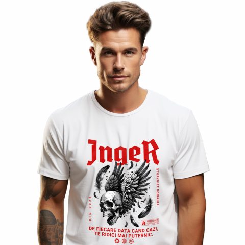 Tricou Femei, Barbati, Copii, Fata, Baiat, Unisex Personalizat Craniu Uman cu Aripi Negre și Text „Înger de Fiere - Data Cazi Te Ridici Mai Puternic” - Cadou Personalizat Motivațional