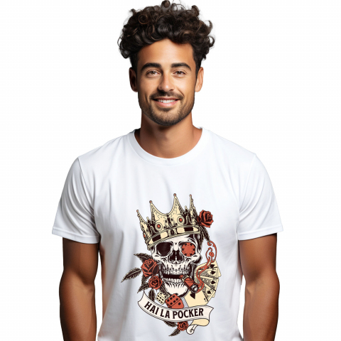 Tricou Femei, Barbati, Copii, Fata, Baiat, Unisex Personalizat Craniu Uman cu Coroană Regală și Poker - Cadou Personalizat „Hai la Poker” - Cadou cu Stil și Eleganță