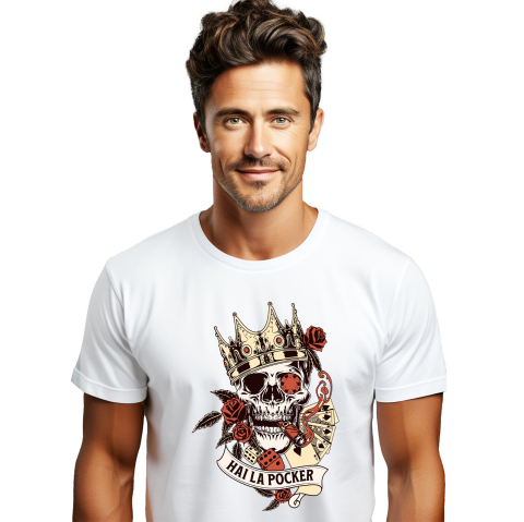 Mixed - Tricou Femei, Barbati, Copii, Fata, Baiat, Unisex Personalizat Craniu Uman cu Coroană Regală și Poker - Cadou Personalizat „Hai la Poker” - Cadou cu Stil și Eleganță