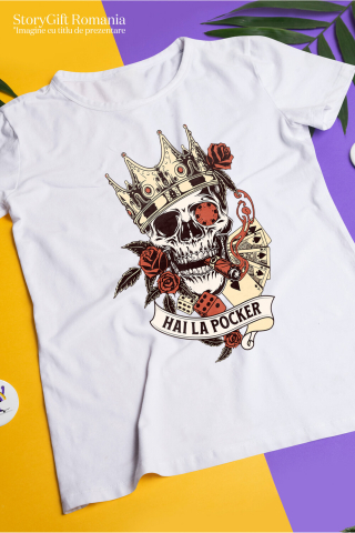 Tricou Femei, Barbati, Copii, Fata, Baiat, Unisex Personalizat Craniu Uman cu Coroană Regală și Poker - Cadou Personalizat „Hai la Poker” - Cadou cu Stil și Eleganță [2]
