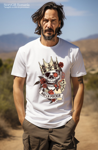 Tricou Femei, Barbati, Copii, Fata, Baiat, Unisex Personalizat Craniu Uman cu Coroană Regală și Poker - Cadou Personalizat „Hai la Poker” - Cadou cu Stil și Eleganță [1]