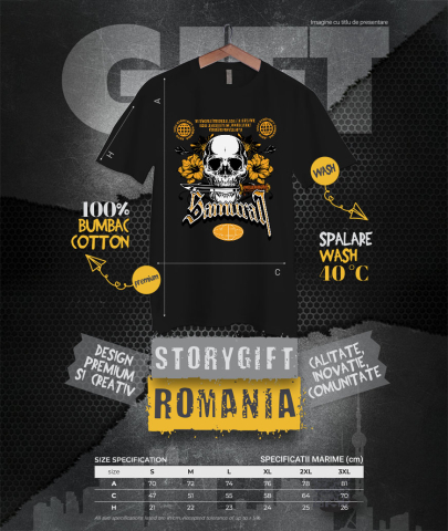 Tricou Femei, Barbati, Copii, Fata, Baiat, Unisex Personalizat Craniu Uman cu Cuțit și Flori Colorate – Design Samurai și Războinici [3]