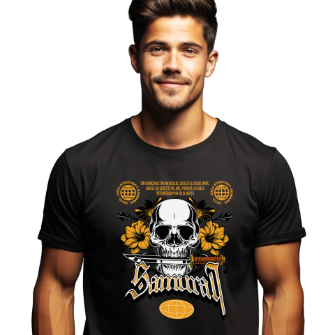 Tricou Femei, Barbati, Copii, Fata, Baiat, Unisex Personalizat Craniu Uman cu Cuțit și Flori Colorate – Design Samurai și Războinici