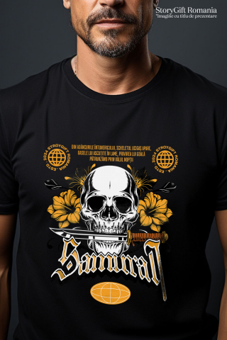 Tricou Femei, Barbati, Copii, Fata, Baiat, Unisex Personalizat Craniu Uman cu Cuțit și Flori Colorate – Design Samurai și Războinici [1]