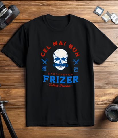 Tricou Femei, Barbati, Copii, Fata, Baiat, Unisex Personalizat Craniu Uman cu Mustață – Instrumente Frizerie, Barber Shop, Pasiune pentru Meserie [2]